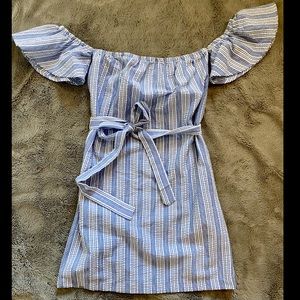Off the shoulder ruffle striped blue dress